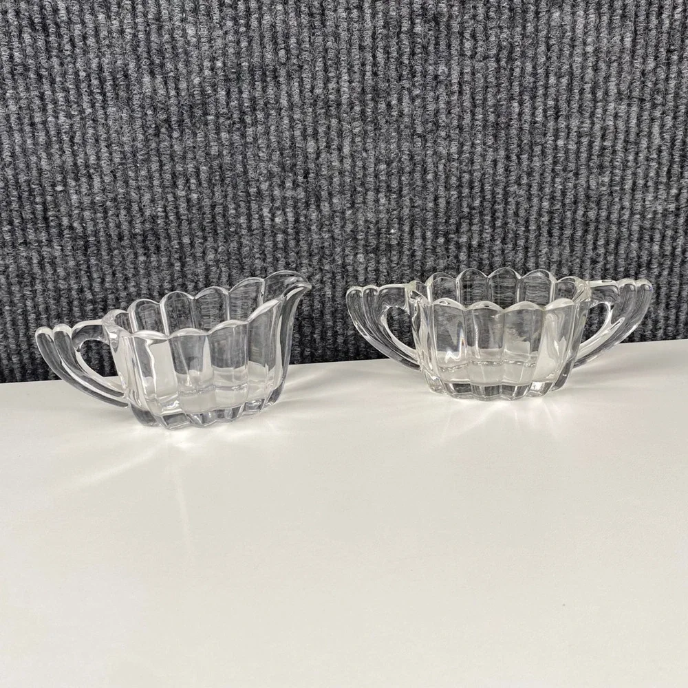 Heisey Lariat Clear Glass Creamer and Sugar Bowl Set Scalloped Diamond H Logo